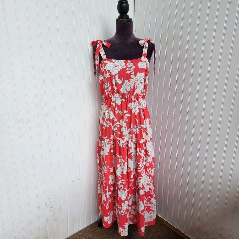 Social Standard Sanctuary Smocked Back Dress Coral Pink White Floral Tie Sz L